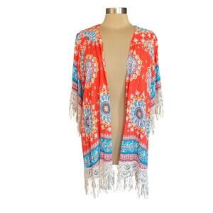 Umgee Orange Turquoise Medallion Print Kimono Lace Fringe Size M/L Boho Casual